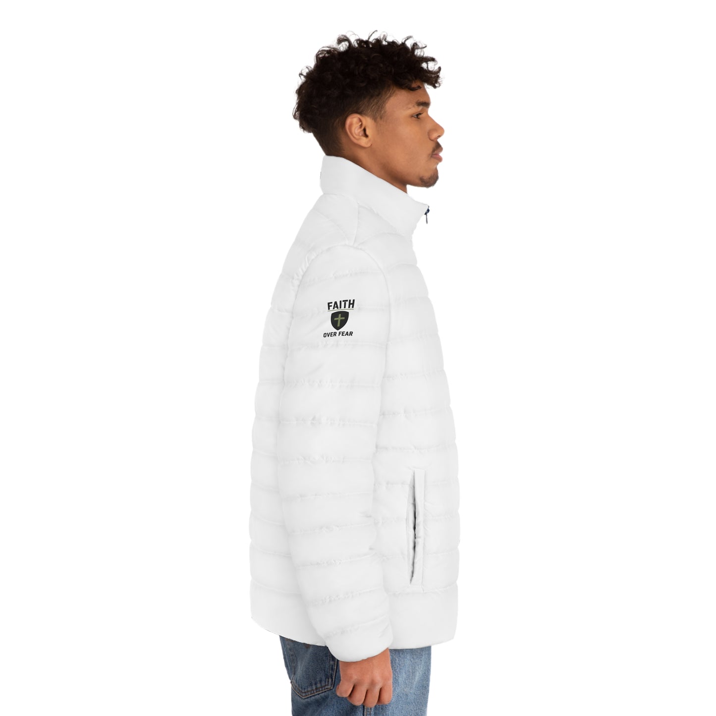 Men's White Puffer Jacket — Minimal Shield Logo Outdoor Coat