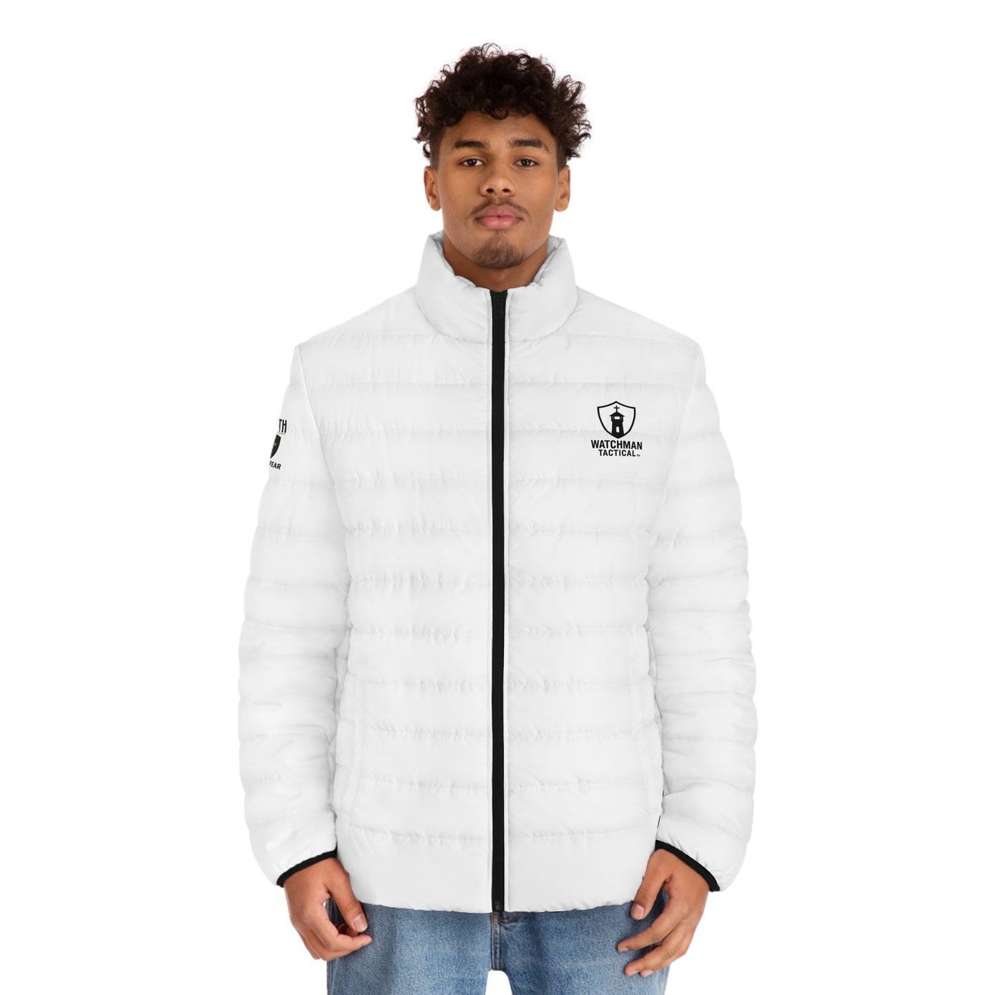 Men's White Puffer Jacket — Minimal Shield Logo Outdoor Coat