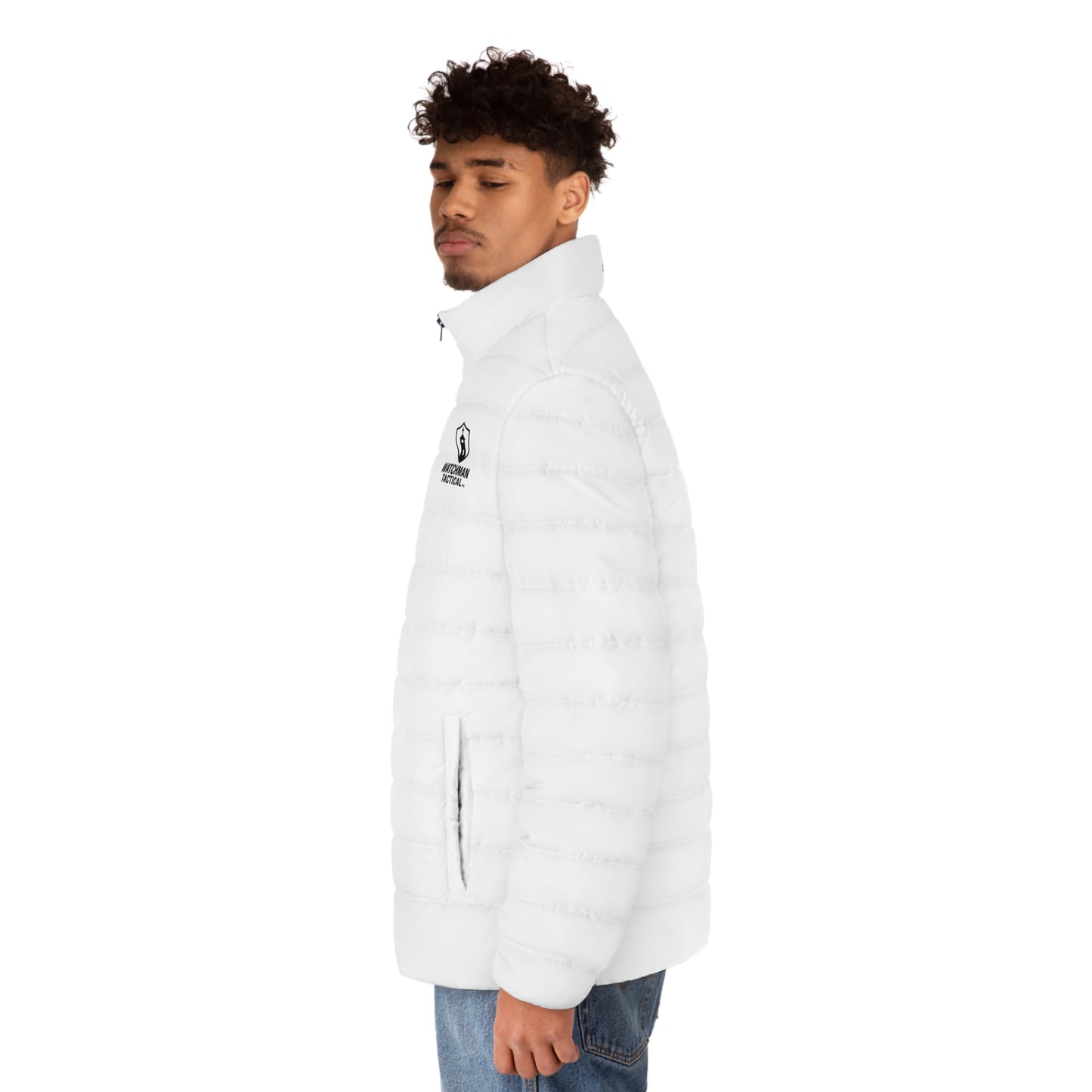 Men's White Puffer Jacket — Minimal Shield Logo Outdoor Coat