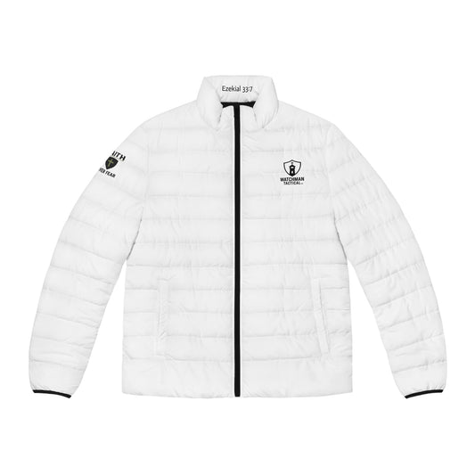 Men's White Puffer Jacket — Minimal Shield Logo Outdoor Coat