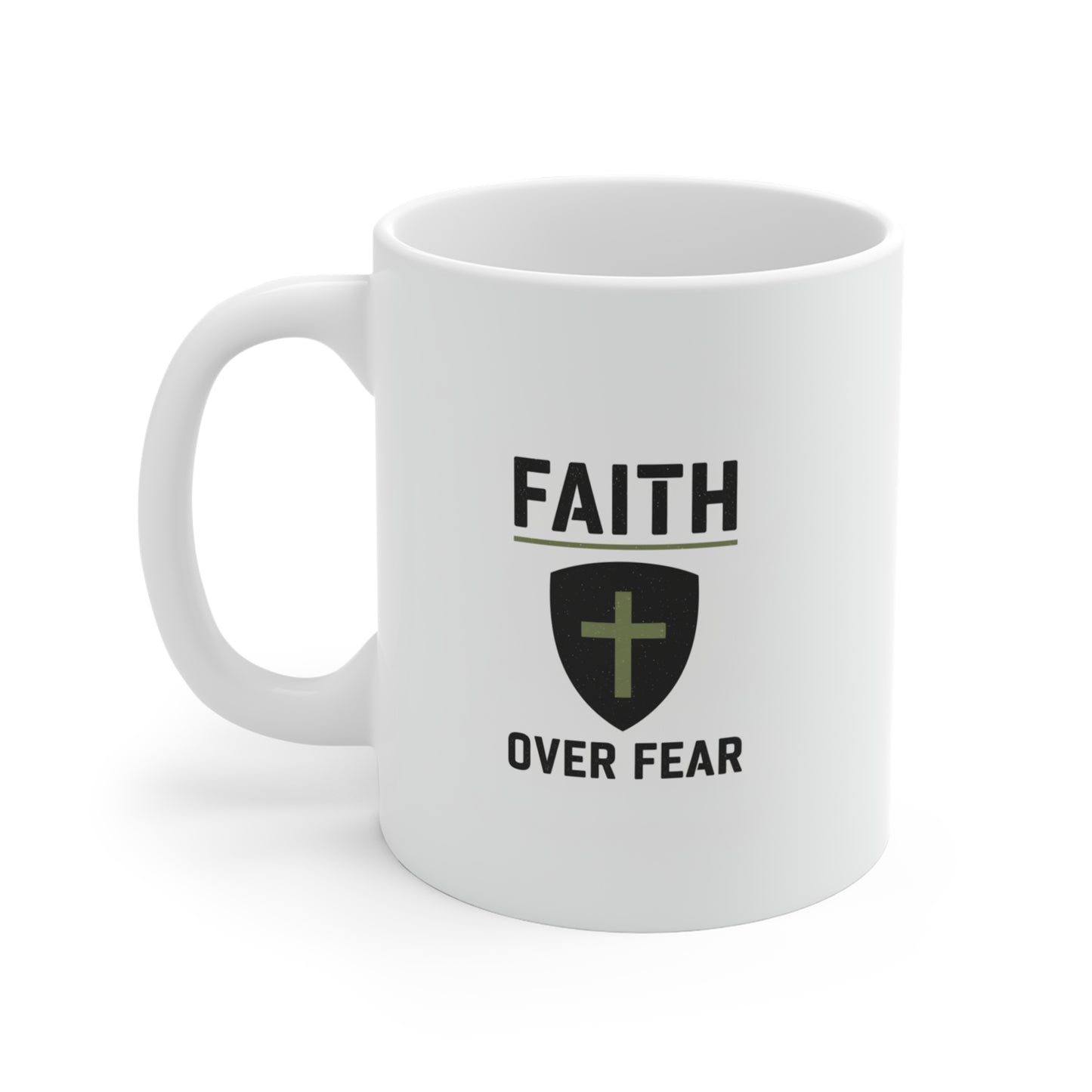 Faith Over Fear Mug — Inspirational Christian Coffee Cup with Cross Shield