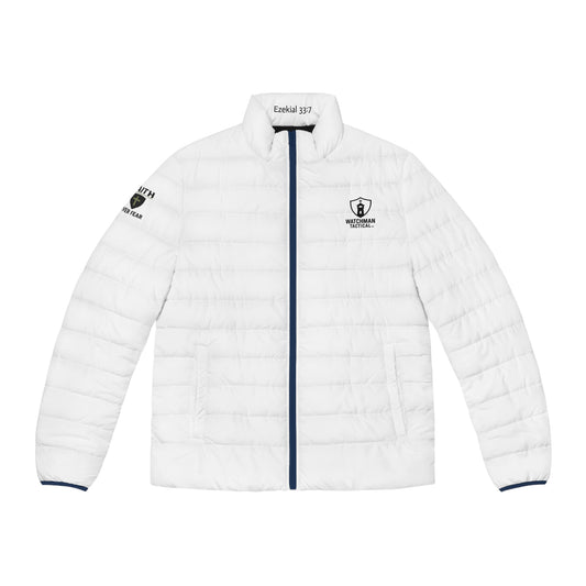 Men's White Puffer Jacket — Minimal Shield Logo Outdoor Coat