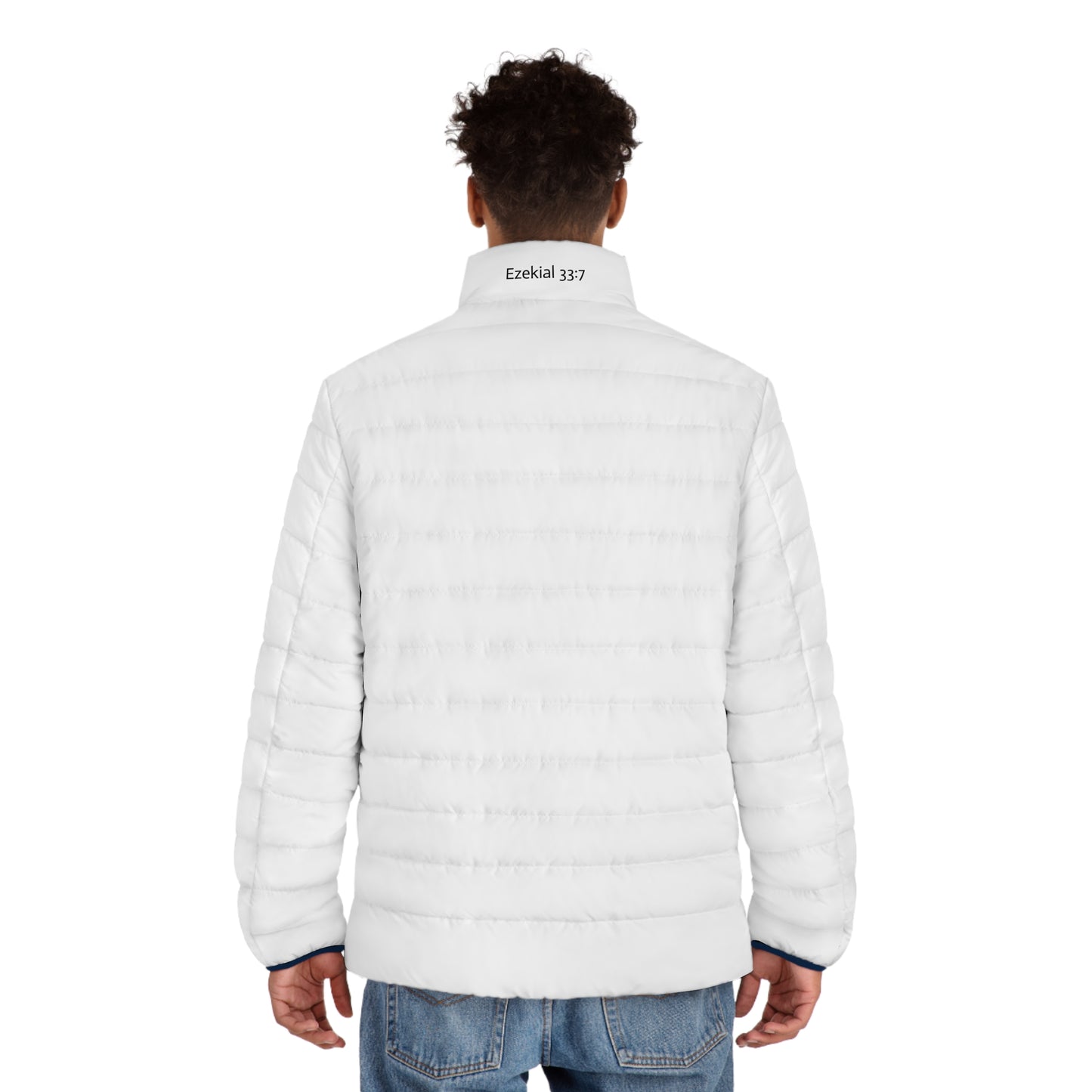 Men's White Puffer Jacket — Minimal Shield Logo Outdoor Coat
