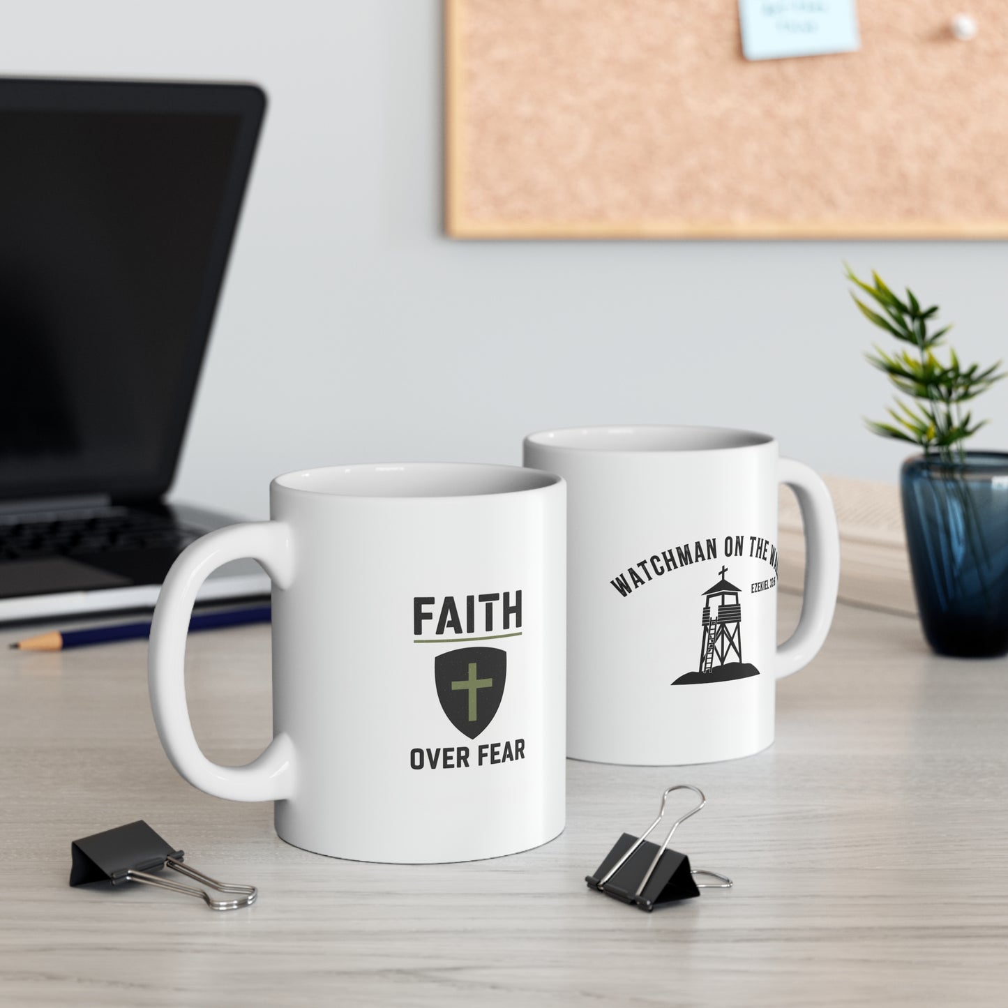 Faith Over Fear Mug — Inspirational Christian Coffee Cup with Cross Shield